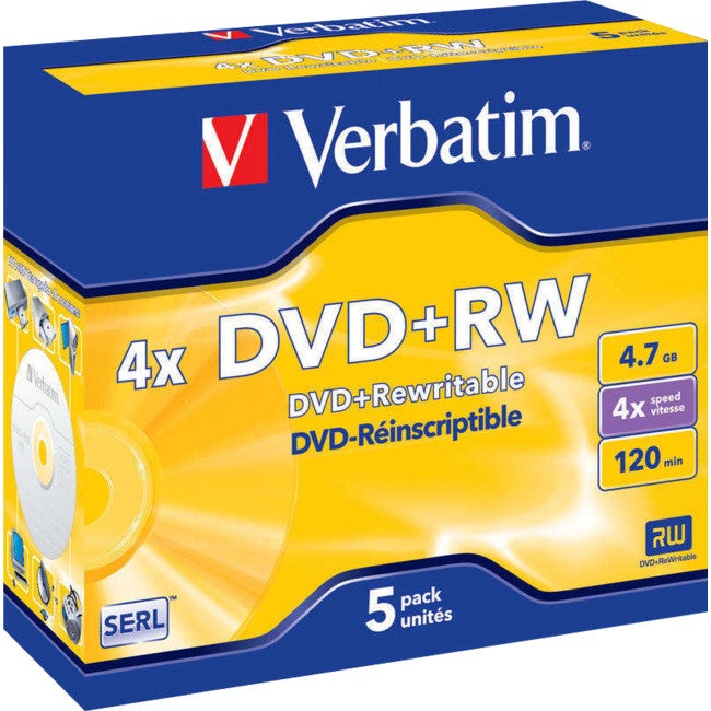VERBATIM VDVD+RW5 5Pk DVD+Rw In Jewel Case 1-4X 4.7Gb Type: DVD+Rw Re-Writeable 5PK