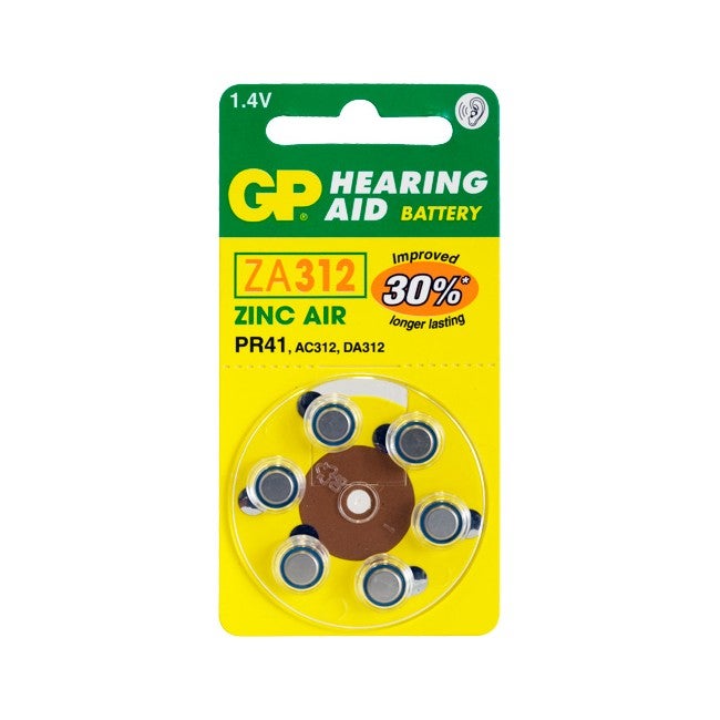 GP ZA312B6 Hearing Aid Battery, 6 Pack Size 312, Pr41, Ac312 - Typical Battery Lifetimes Run