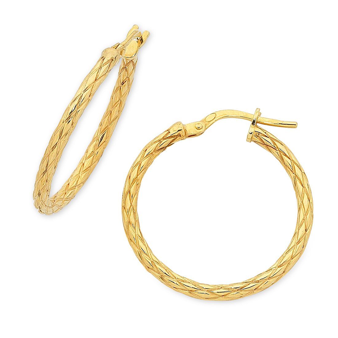 Bevilles 9ct Yellow Gold Silver Infused Patterned Hoop Earrings 20mm
