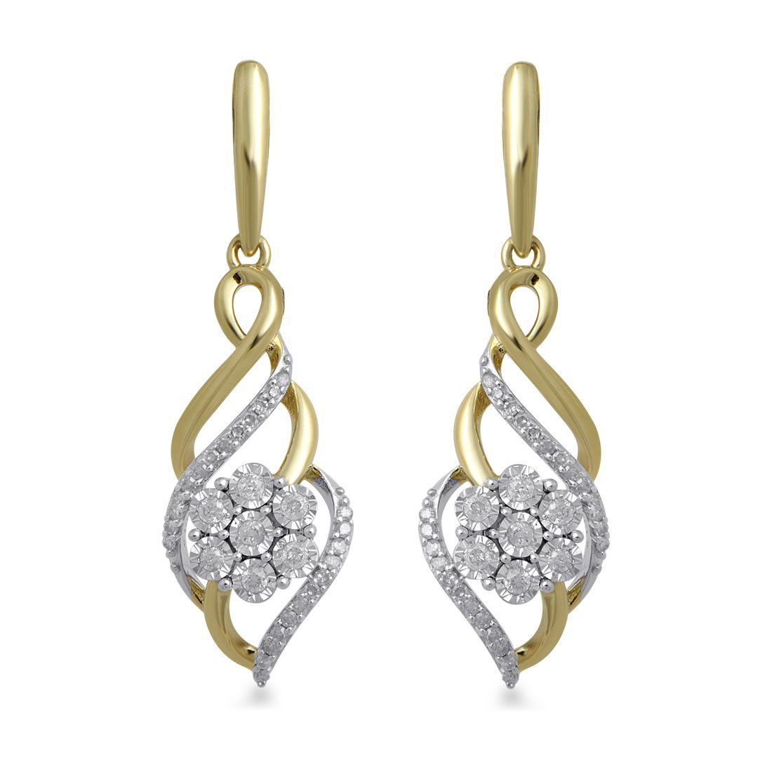 Bevilles Fancy Swirl Flower Drop Earrings with 1/4ct of Diamonds in 9ct Yellow Gold