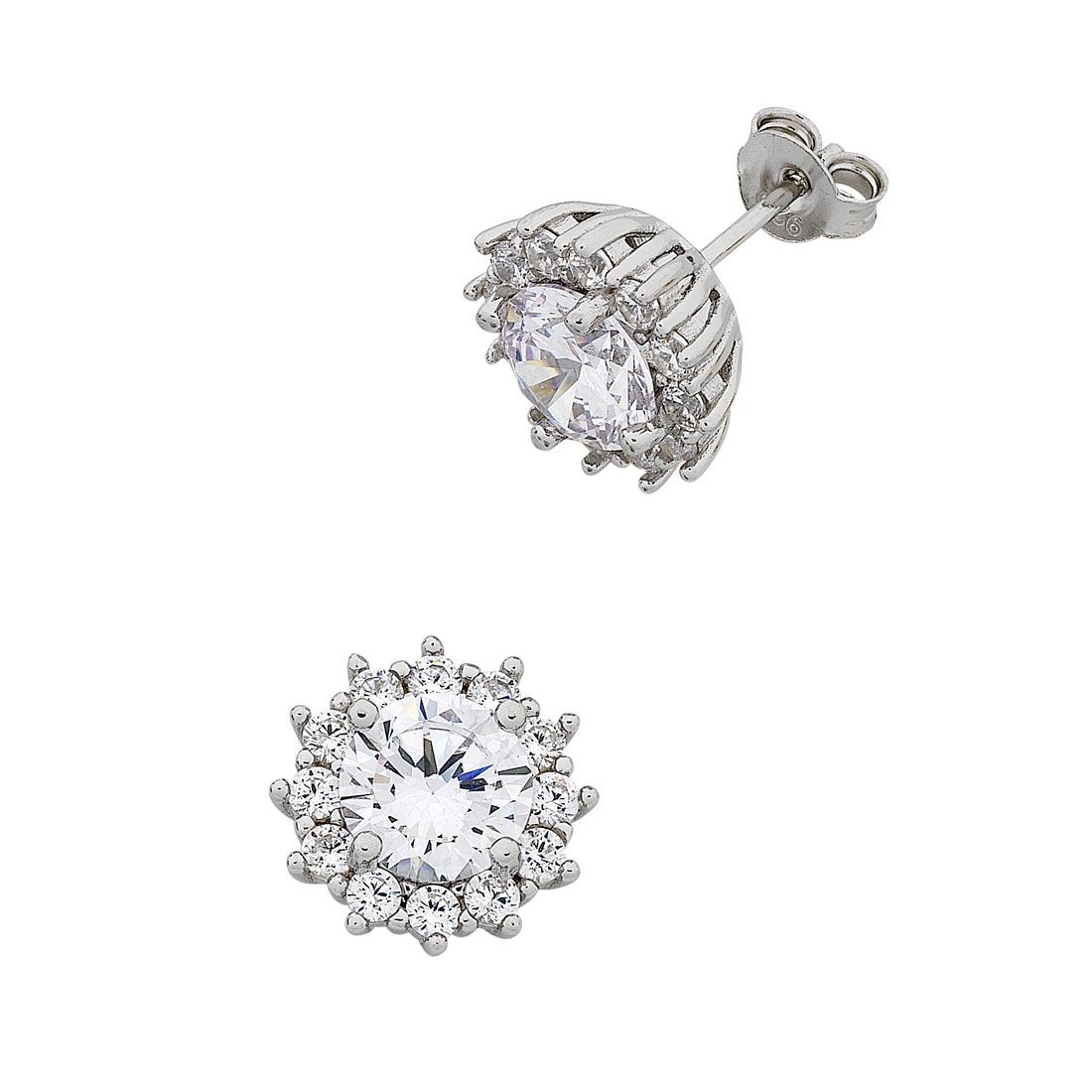 Bevilles Sterling Silver Cubic Zirconia Halo Surround Earrings Stud