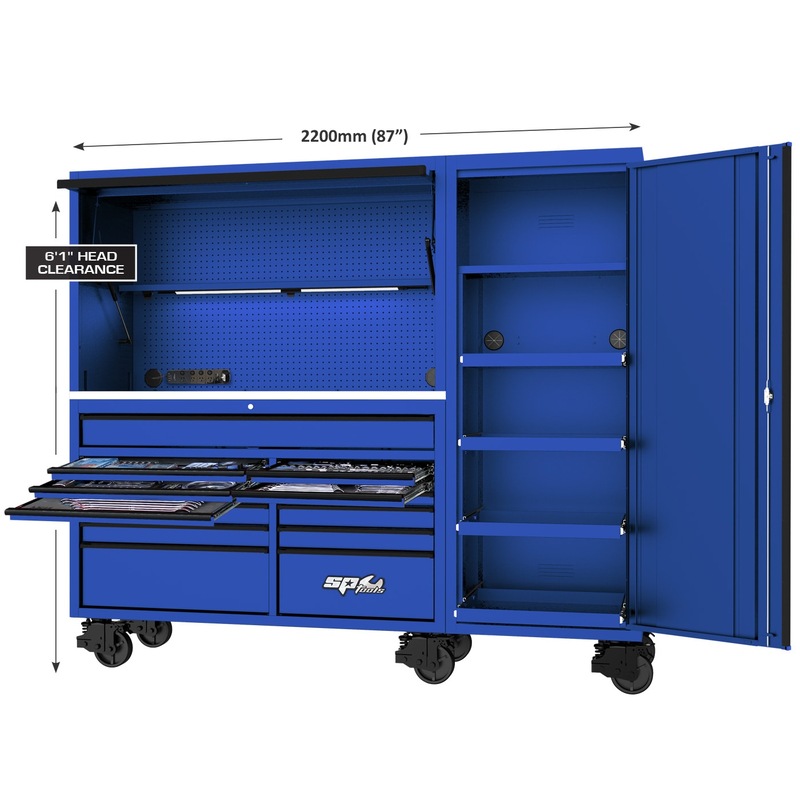 Sp Tools Kit 517pc Tool Box Top Shelf Pegboard Power Board Roller Cabinet Blue Mydeal