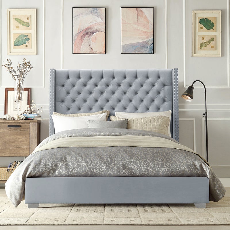 Buy Winton Tufted Upholstered Wing Charcoal Velvet Bed - MyDeal