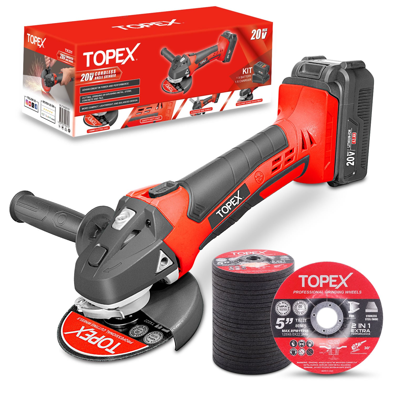 TOPEX 20V Cordless Angle Grinder 125mm Li ion Grinding Cutting Power Tool w/