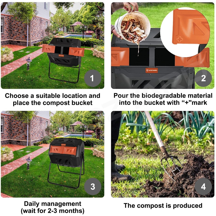 KOZYARD Dual Chamber Compost Bin 360 Degree Rotating with Lids