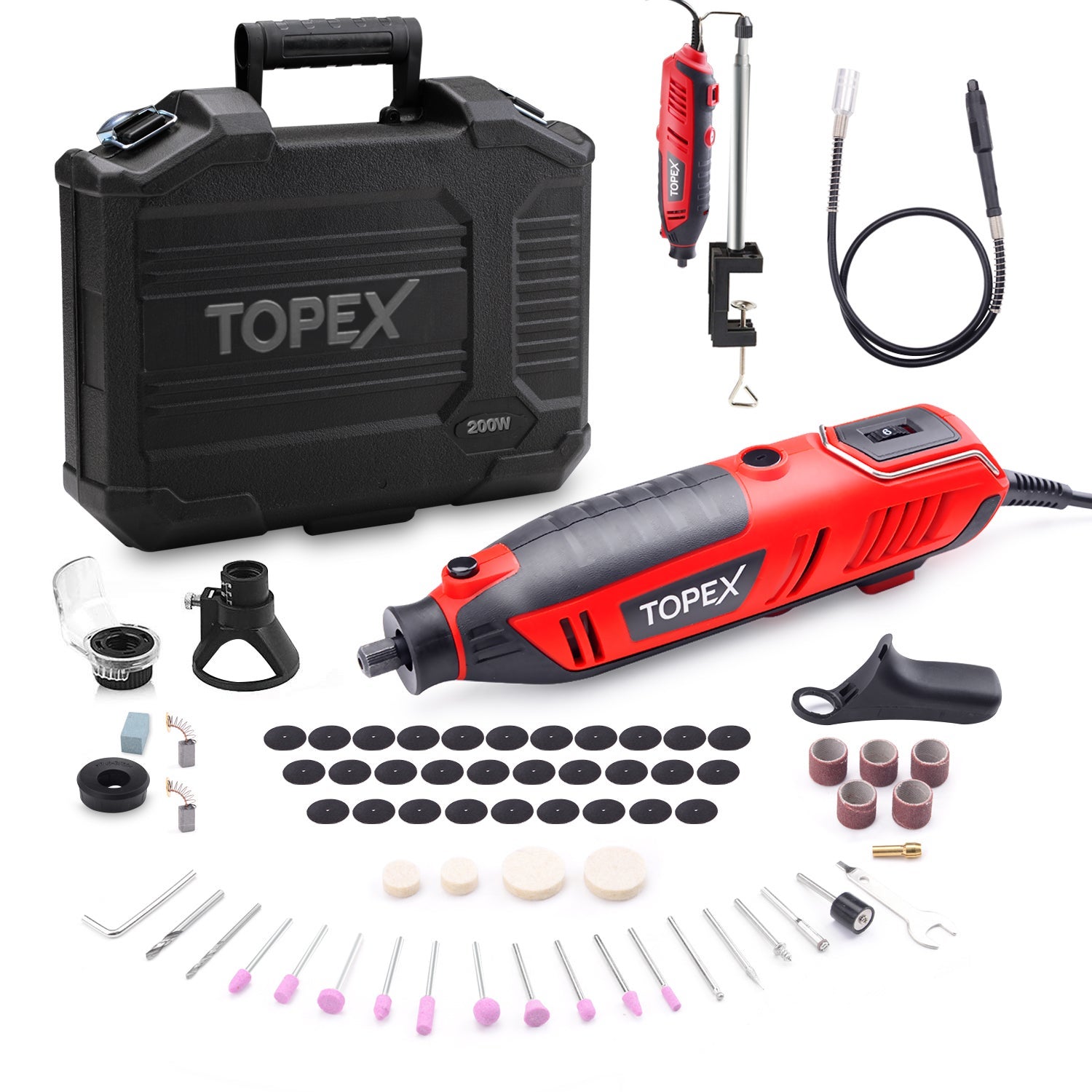 TOPEX Heavy Duty 200W Rotary Tool Set Grinder Sander Polisher Flex Shaft Multi Acces.