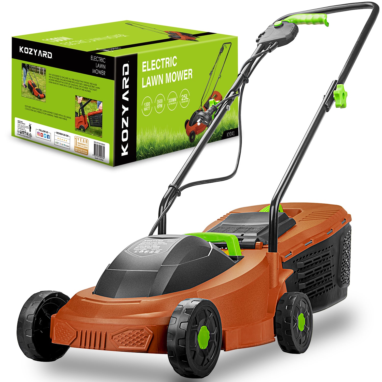 KOZYARD 1300W Electric Lawn Mower2 in 1 Grass Box Or Mulch Weeder2