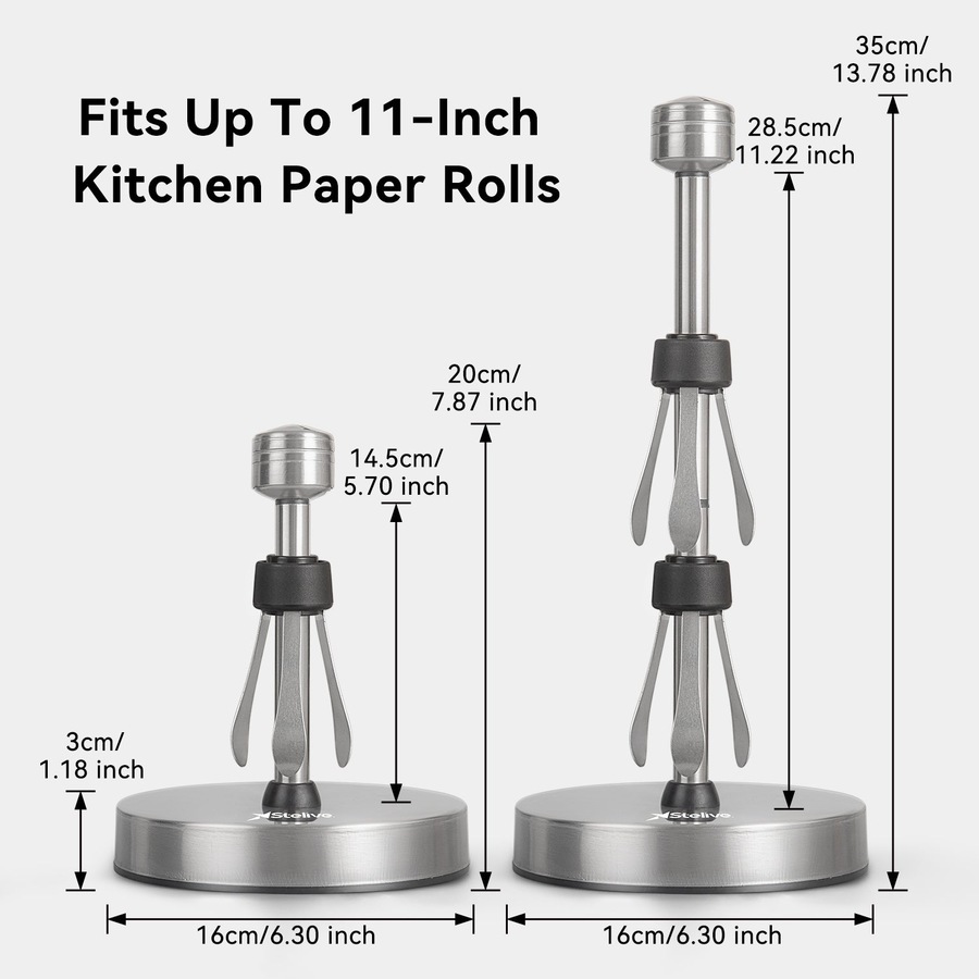 Stelive 11-Inch Paper Towel Holder, Free-Standing Kitchen Roll Holder, Weighted Paper Towel Dispenser with Suction Cup Base, One-Handed Tear, Stainless Steel
