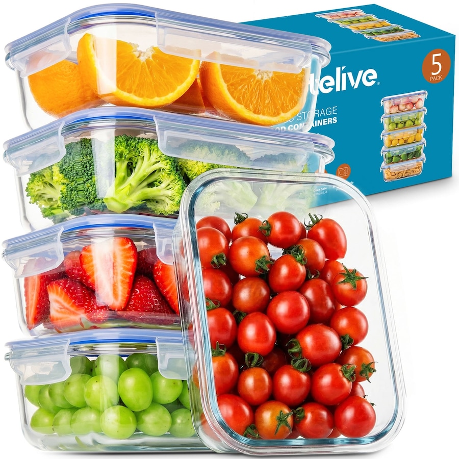 Stelive 5 Pack Glass Storage Food Containers, Glass Meal Prep Containers, Airtight Lunch Bento Boxes with Snap Locking Leakproof Lids, Reusable for Microwave