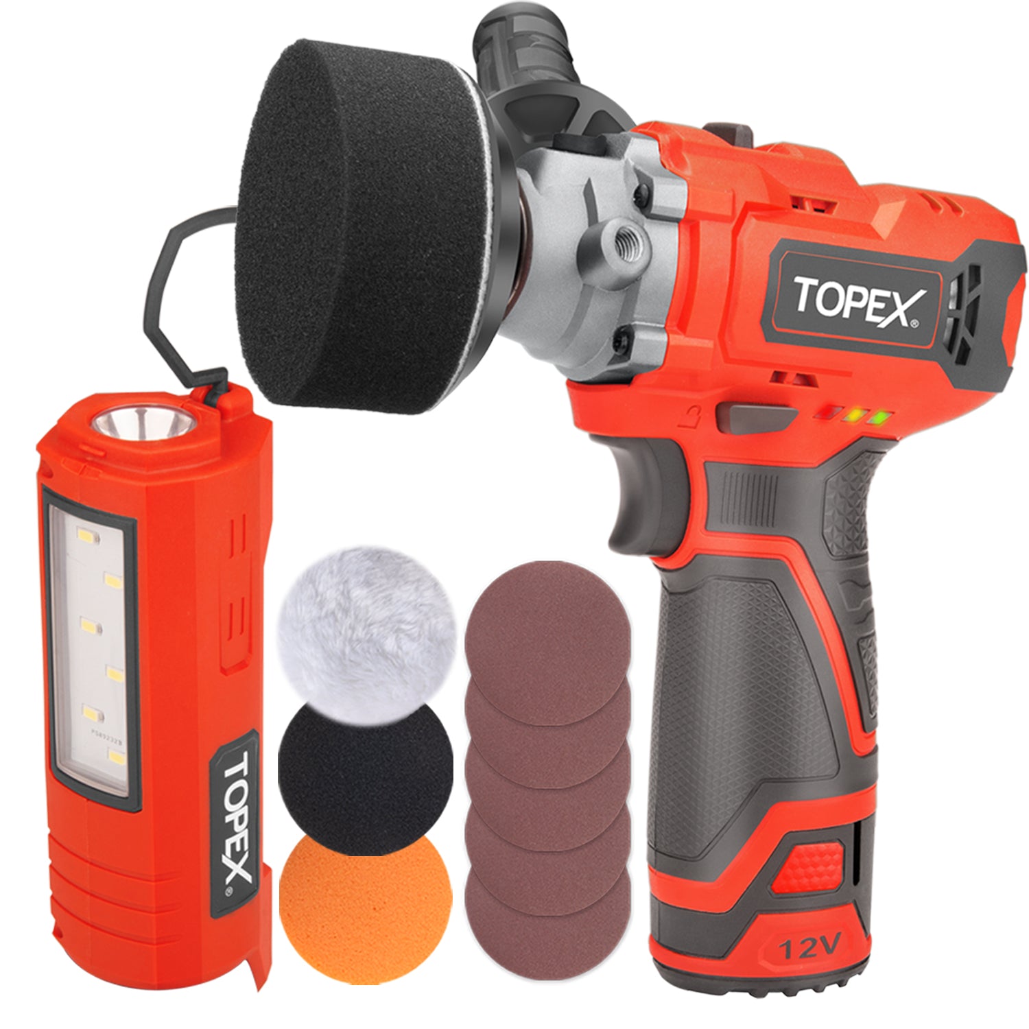 TOPEX 12V Cordless Polisher Lithium Ion LED Torch w/ Battery & Charger
