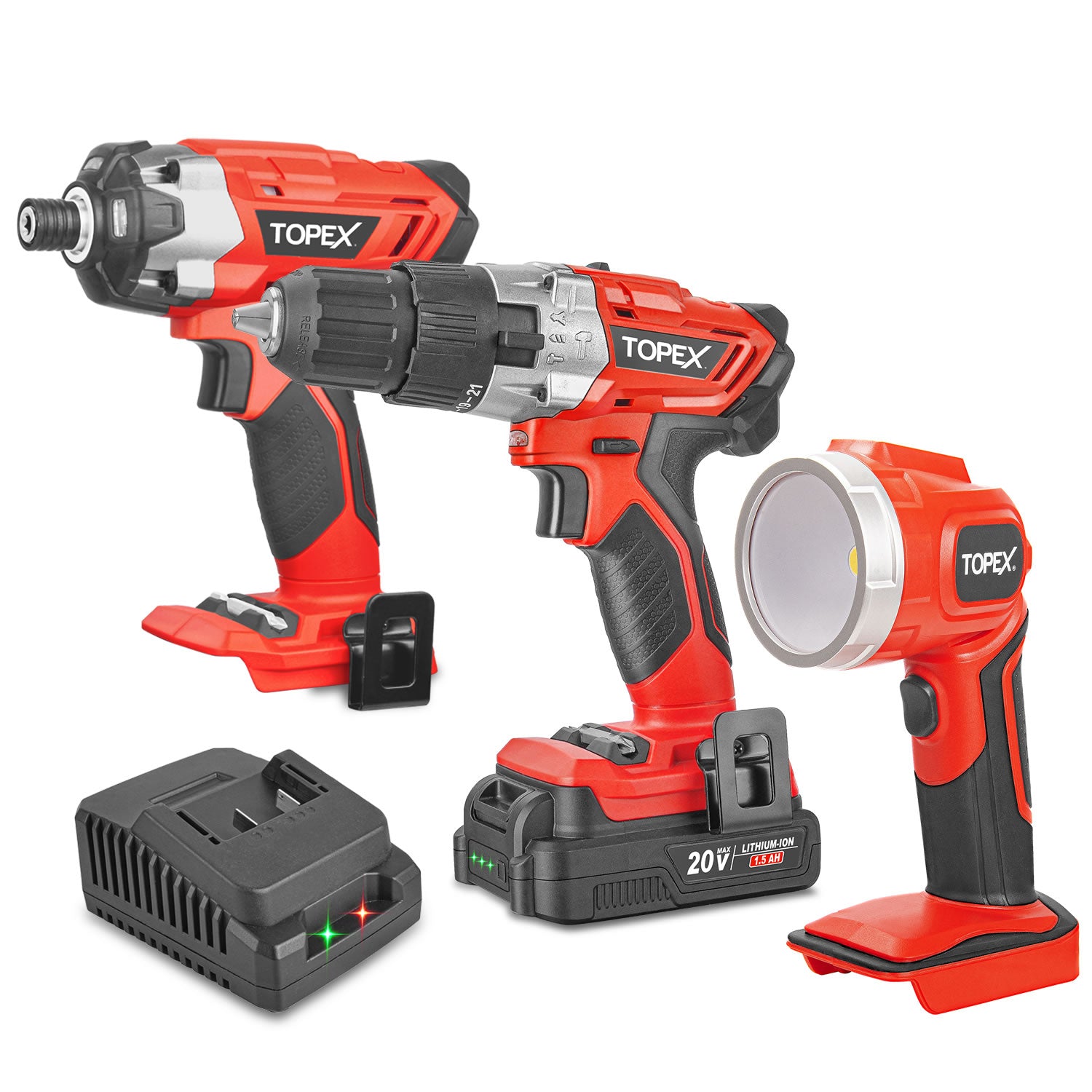 TOPEX 20 V Cordless Kit: Hammer Drill Impact Driver LED Light w/ Fast