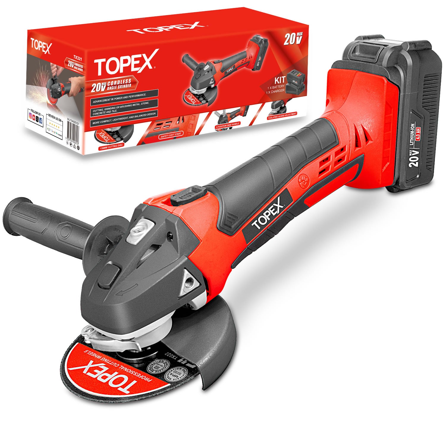 TOPEX 20V Cordless Angle Grinder 125mm Li ion Grinding Cutting Power Tool Australia