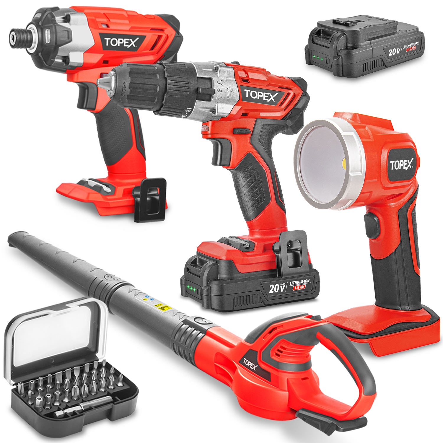 TOPEX 20V Combo Kit Hammer Drill Impact Driver Light Leaf Blower w/ 2
