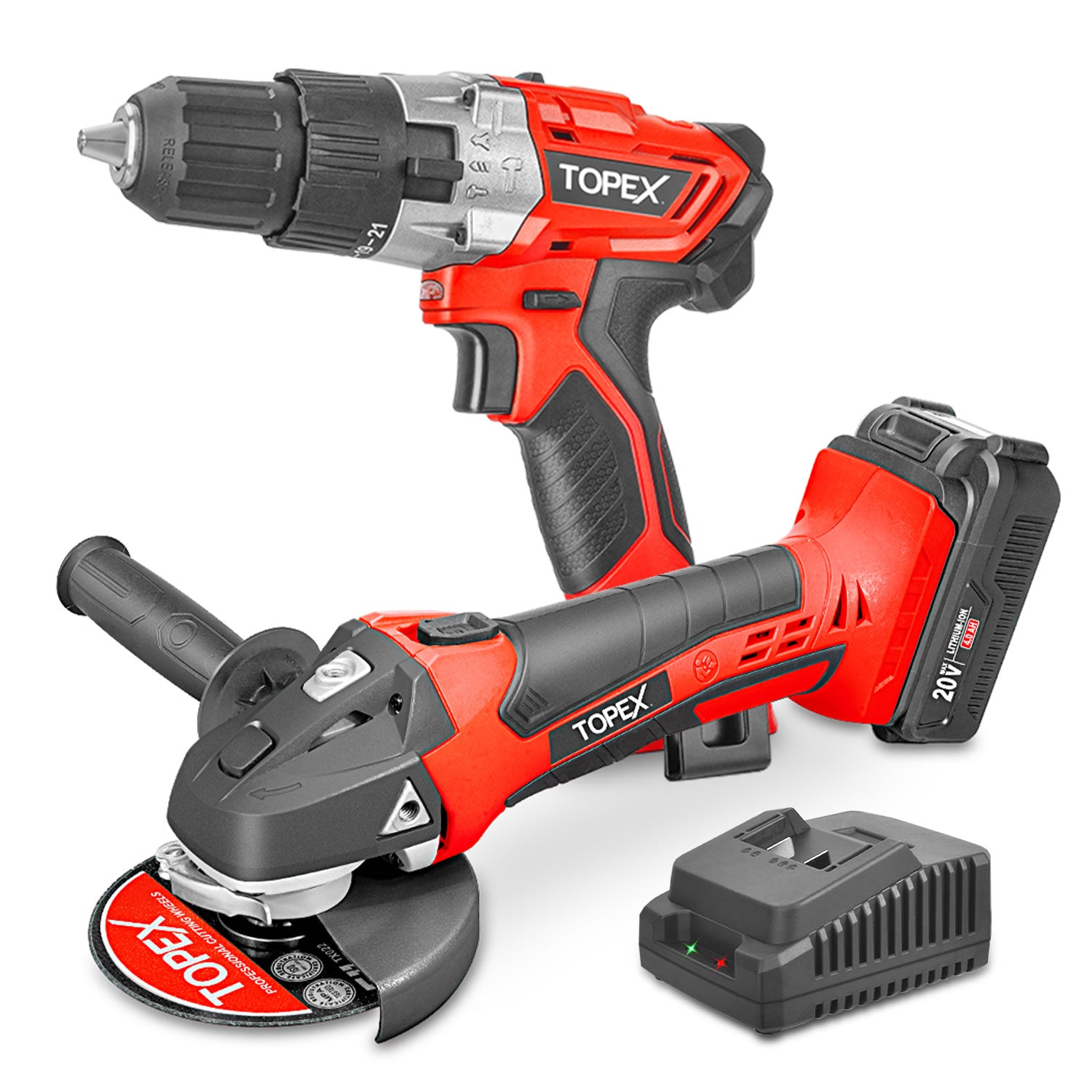 TOPEX 20V Cordless Power Tool Kit Drill Angle Grinder w/ 4.0Ah Battery