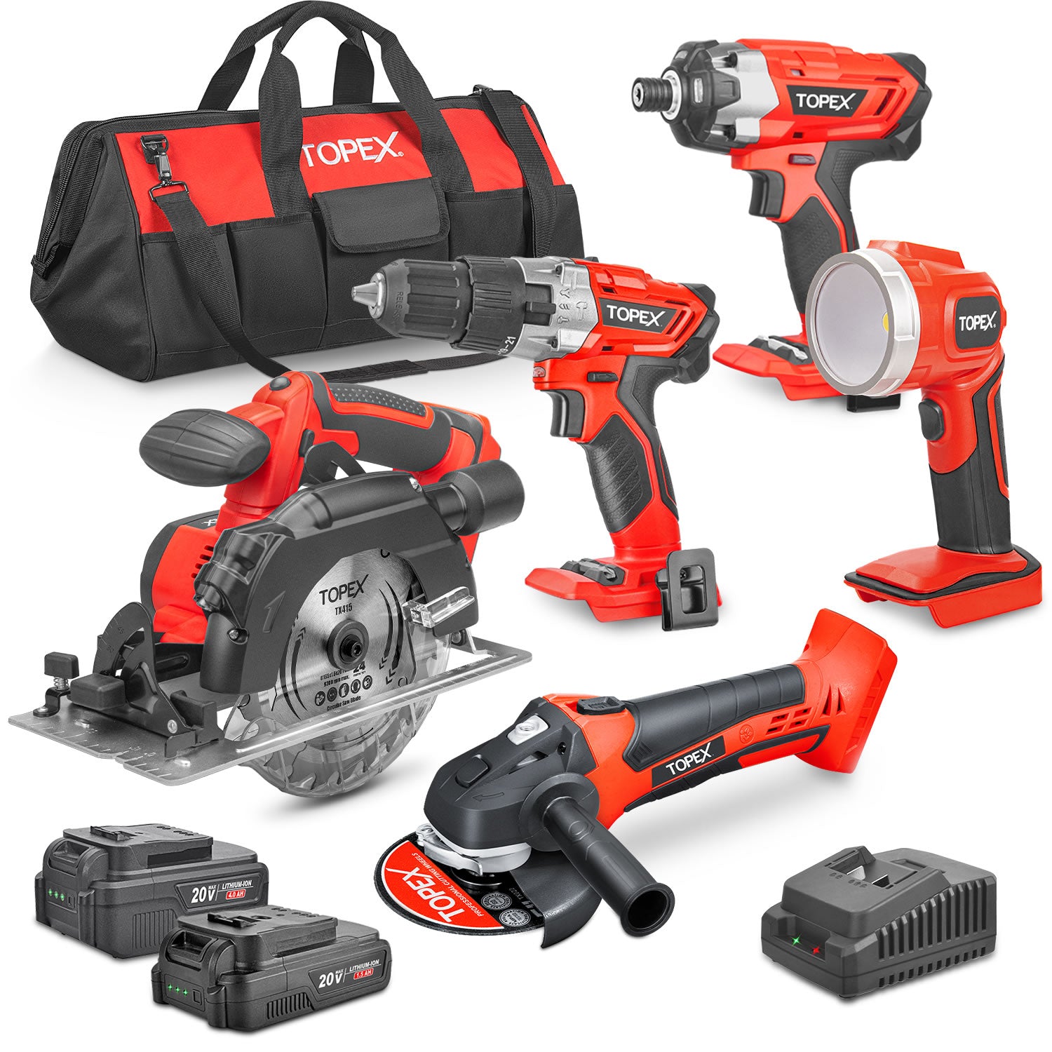 TOPEX 20V Cordless Power Tool Kit Drill Impact Driver Angle Grinder Circular