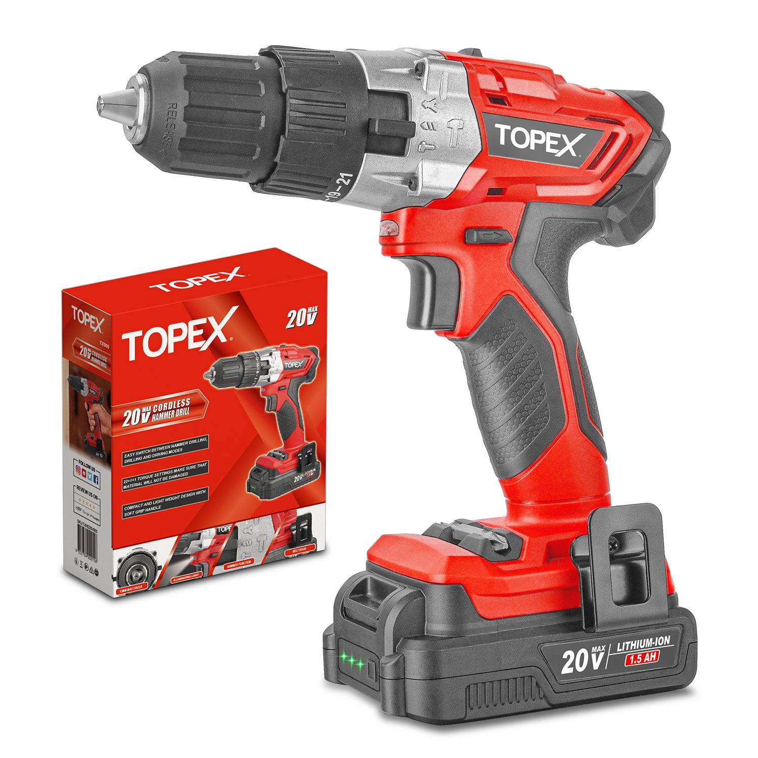 TOPEX 20V Lithium Ion Cordless Drill Driver Impact Hammer w/ Battery Charger