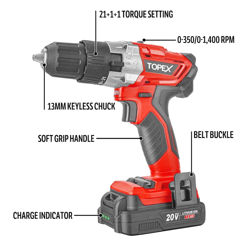 Buy Topex 20v Lithium Ion Cordless Impact Hammer Drill Driver W