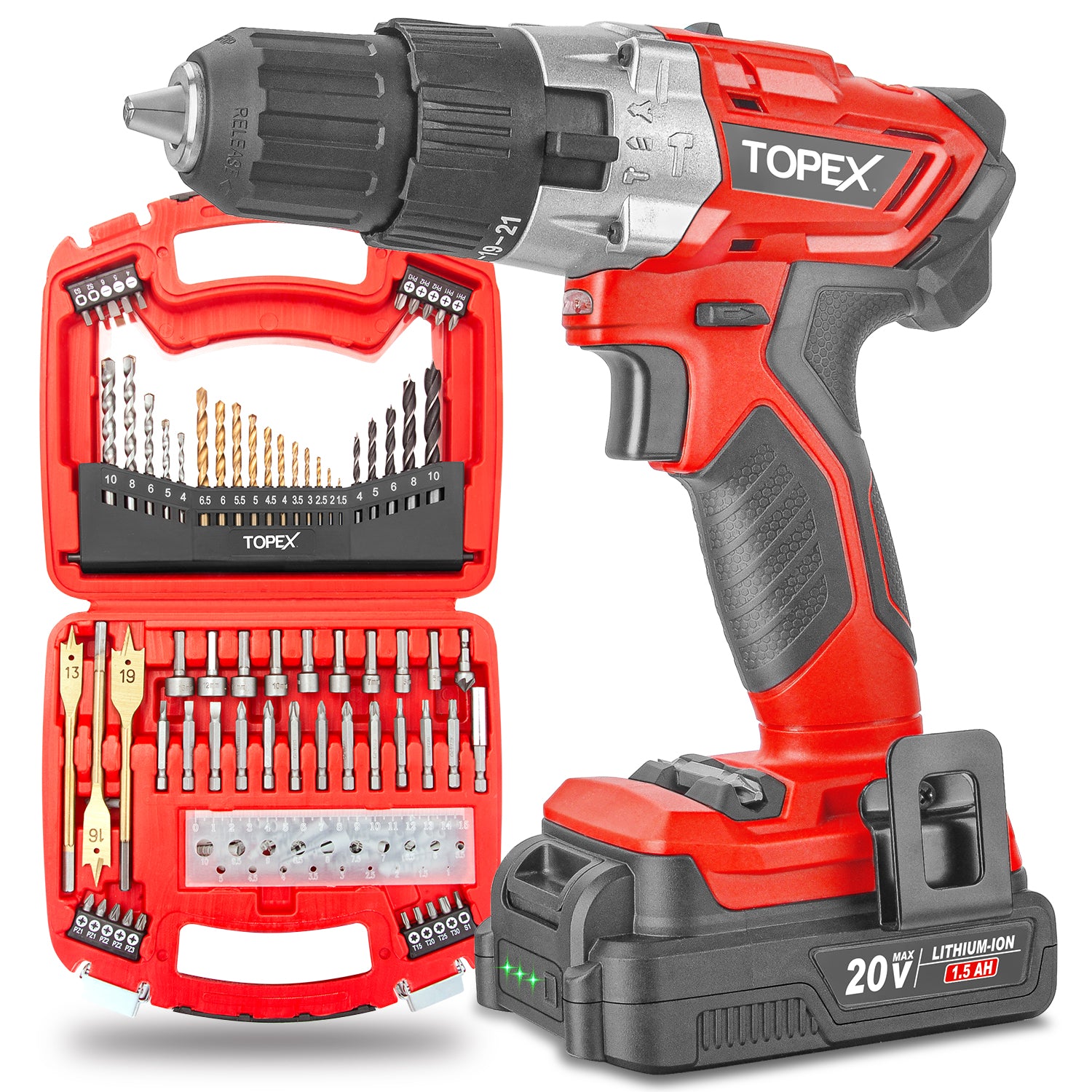 TOPEX 20V Max Cordless Hammer Drill w/ Li Ion Battery & Bit Set