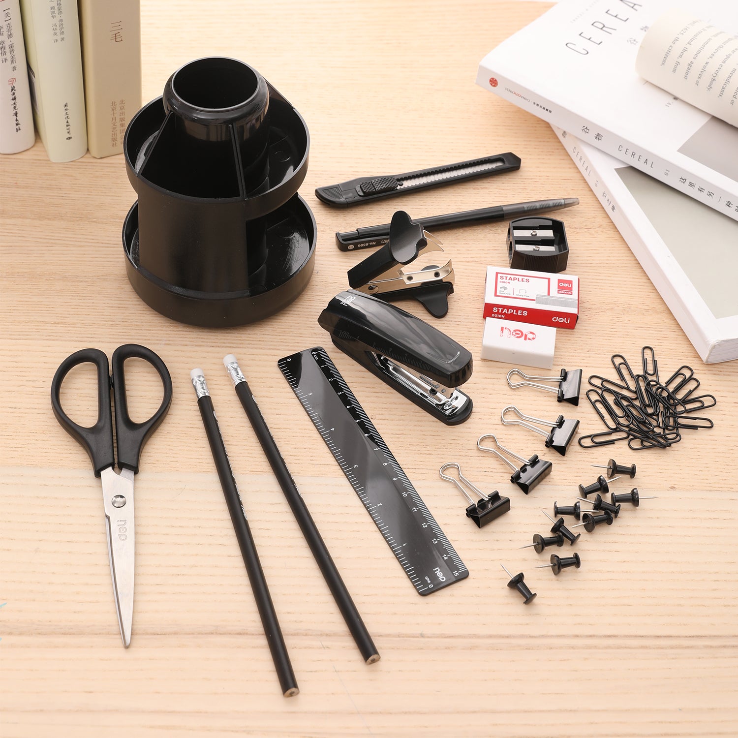 Deli 15 Pcs Office Supplies Kit with Desk Organizer Scissors Staple Remover Sharpener Binder Clips Desk Accessories Set with Staple 
