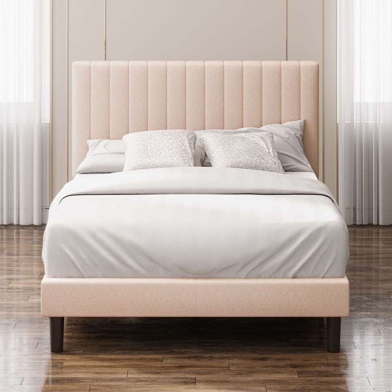 Zinus Debi Upholstered Beige Fabric Bed Frame MyDeal