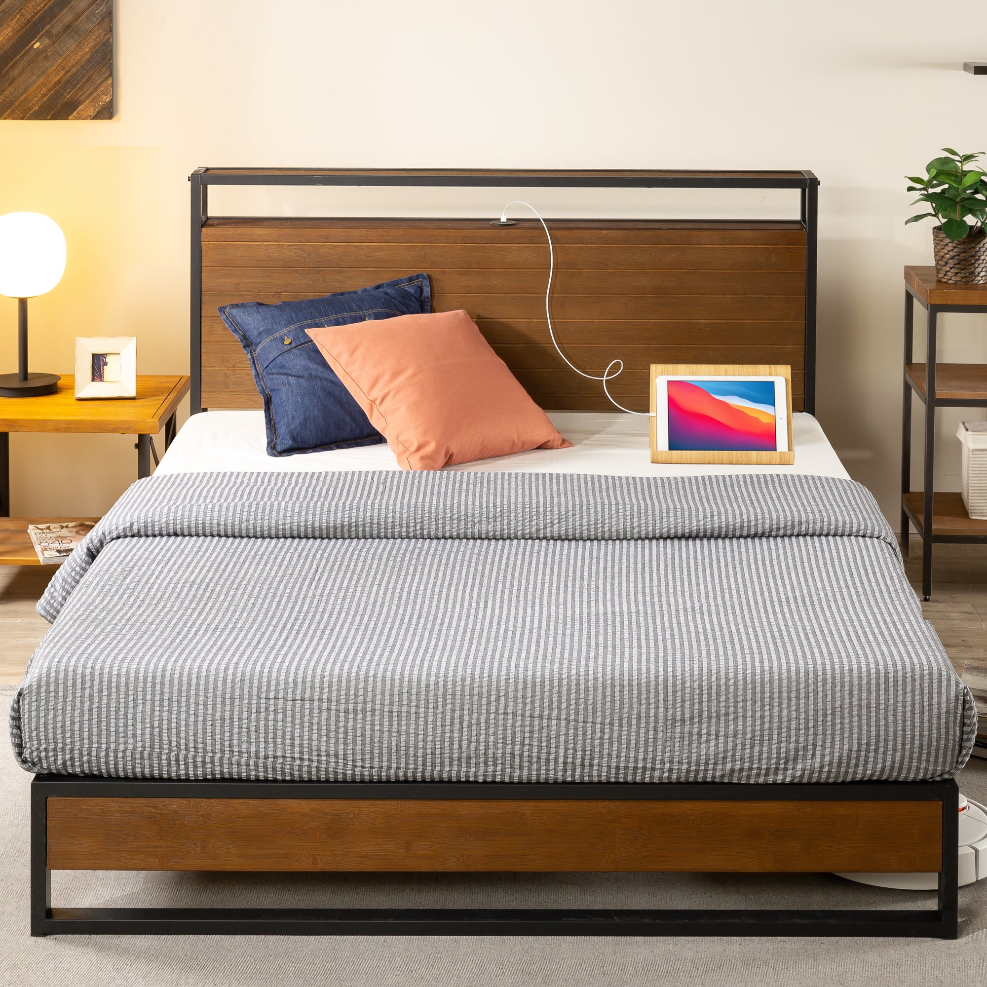Zinus Ironline Metal and Solid Wood Bed Frame Base with Headboard Shelf and USB Port