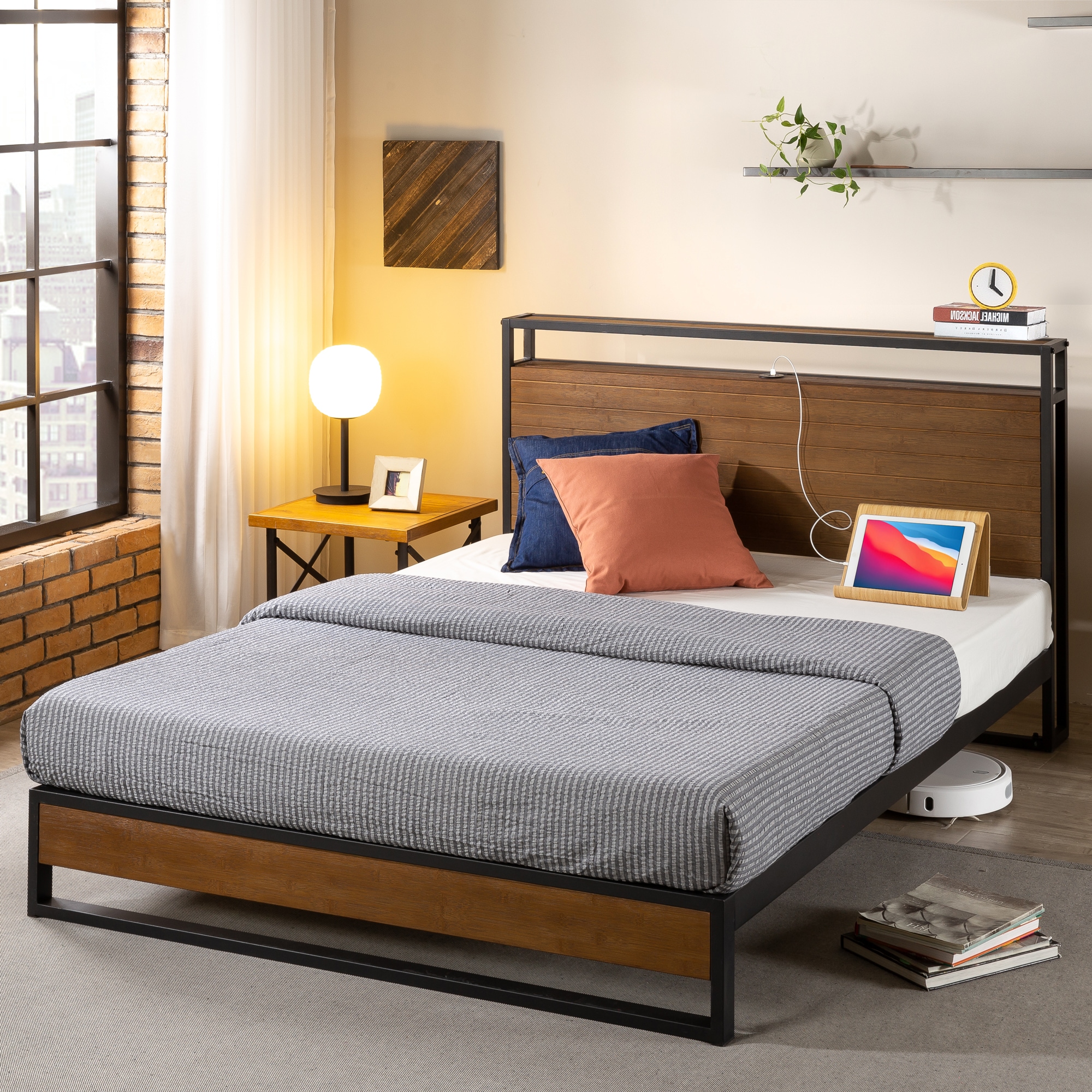 Buy Zinus Ironline Metal And Solid Wood Bed Frame Base With Headboard ...