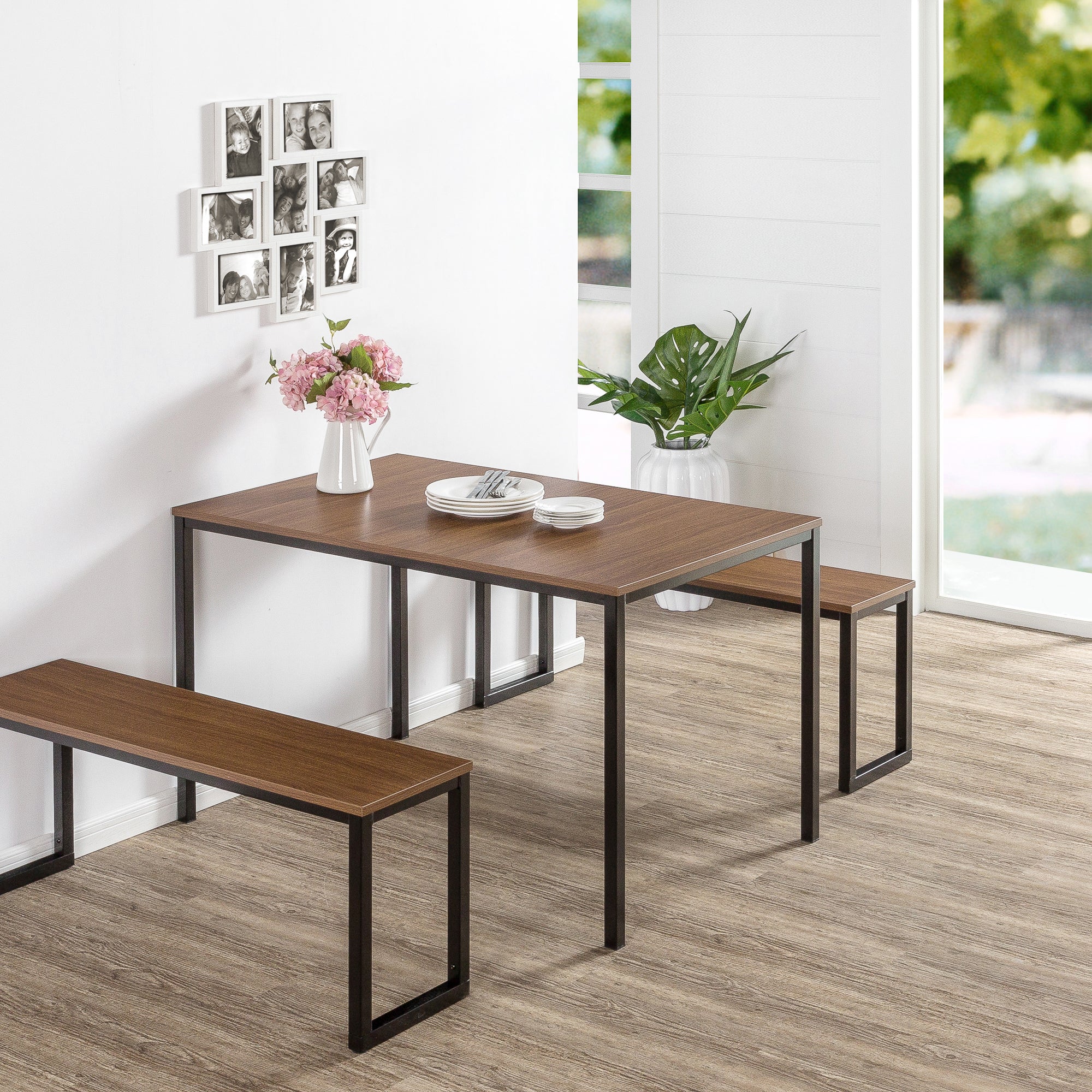 Zinus Louis Modern Studio Soho Dining Table with Two Benches - 3 Pieces Dining Table Set - Brown