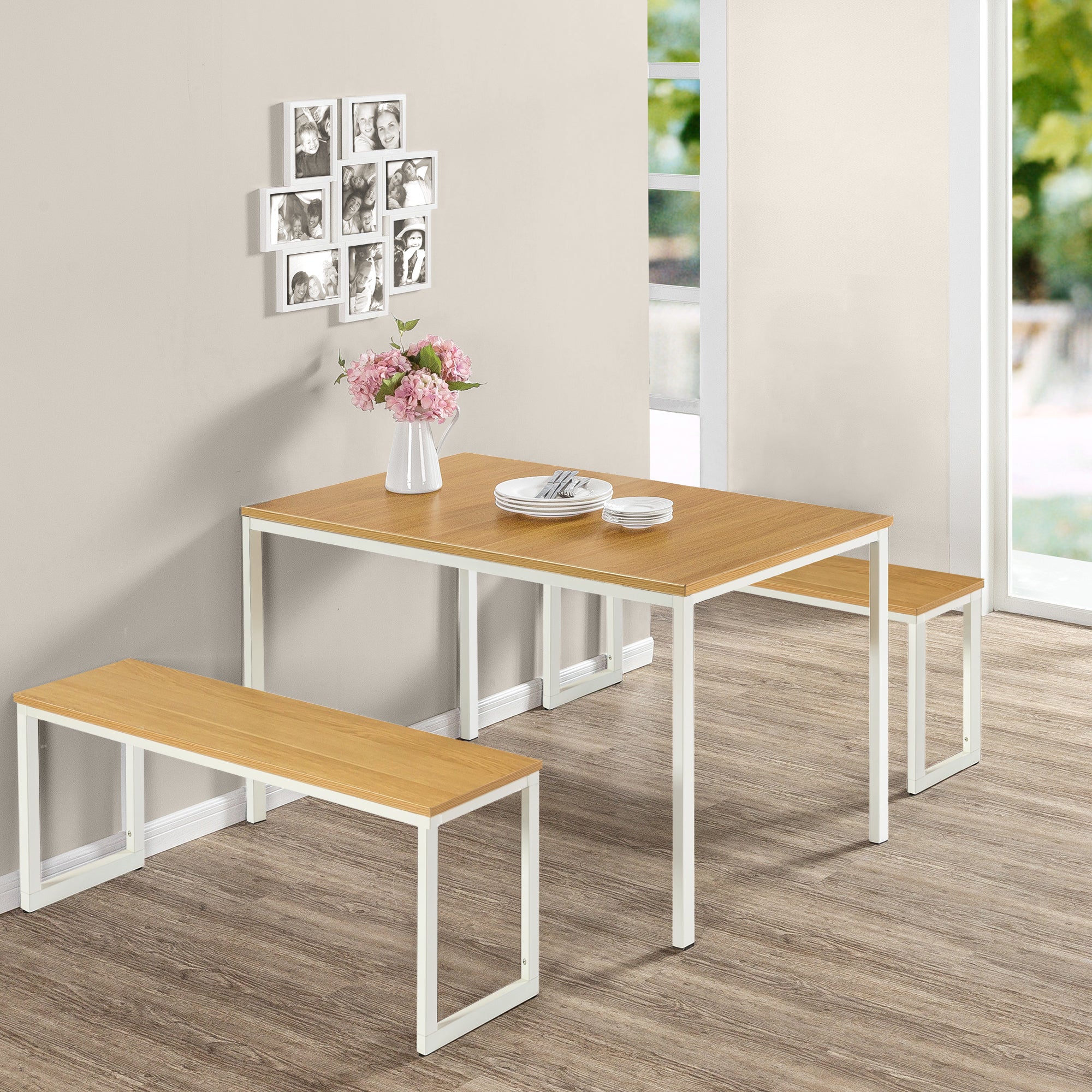 Zinus Louis Modern Studio Soho Dining Table with Two Benches - 3 Pieces Dining Table Set - White