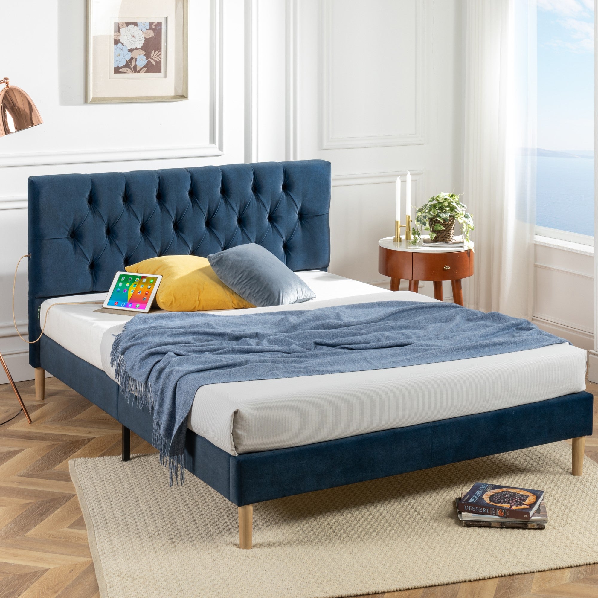 Zinus Misty Upholstered Velvet Bed Frame Navy Blue With USB - Queen