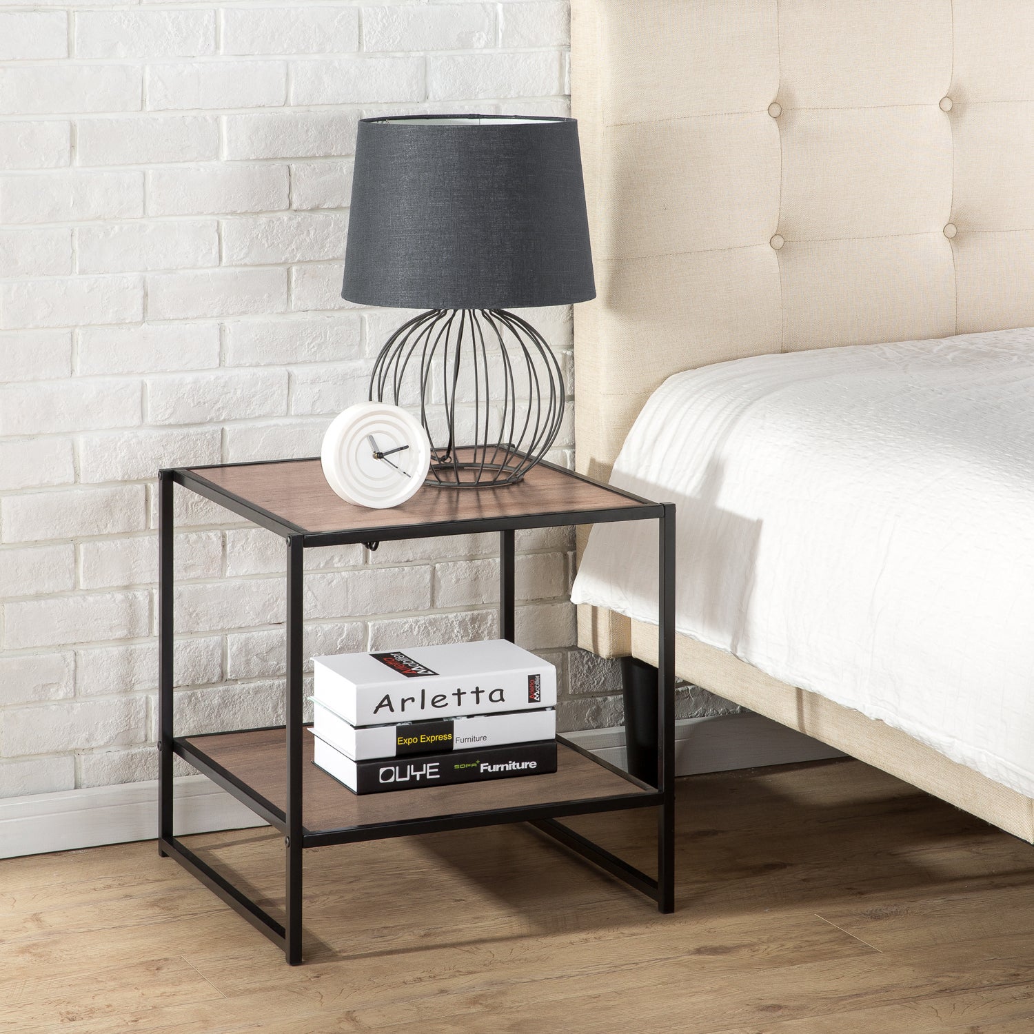 Bedside Tables Lounge Sidetable Set of 2 Natural Pine Black Frame - Zinus