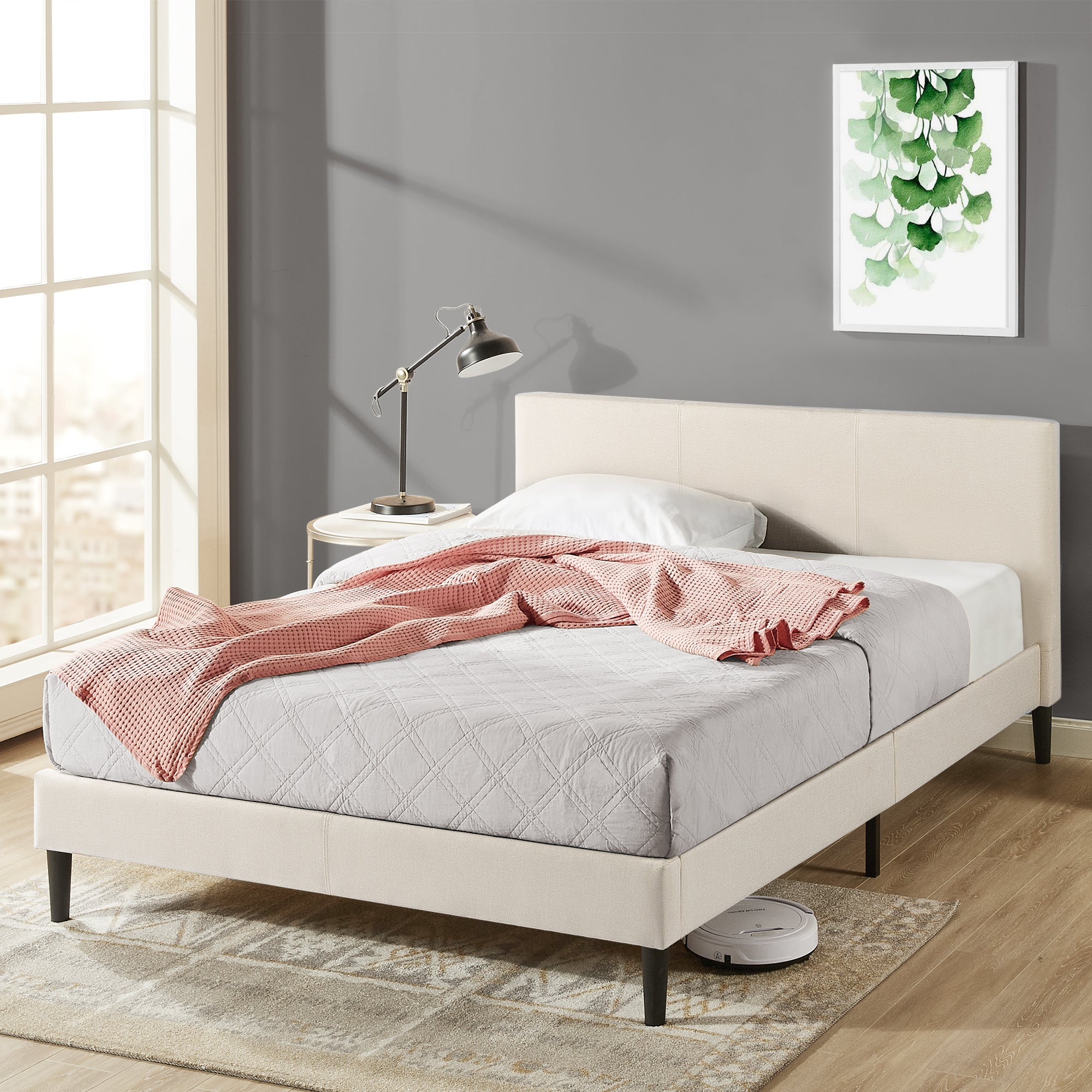 Zinus Nelly Upholstered Beige Fabric Bed Frame Double & Queen