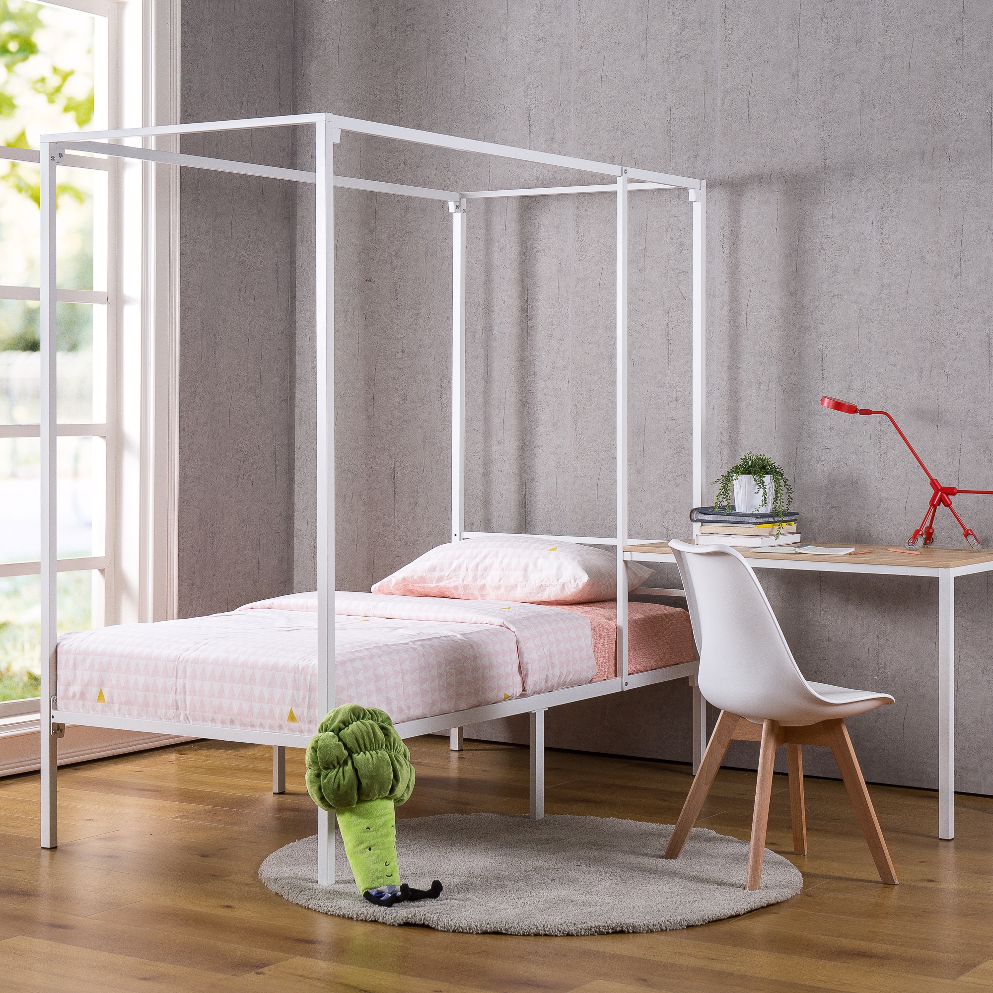 Zinus Patricia White Metal Steel Canopy Four Poster Bed Frame Double