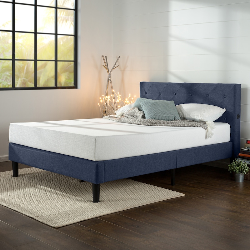 Buy Zinus Shalini Upholstered Navy Diamond Stitched Fabric Bed Frame ...