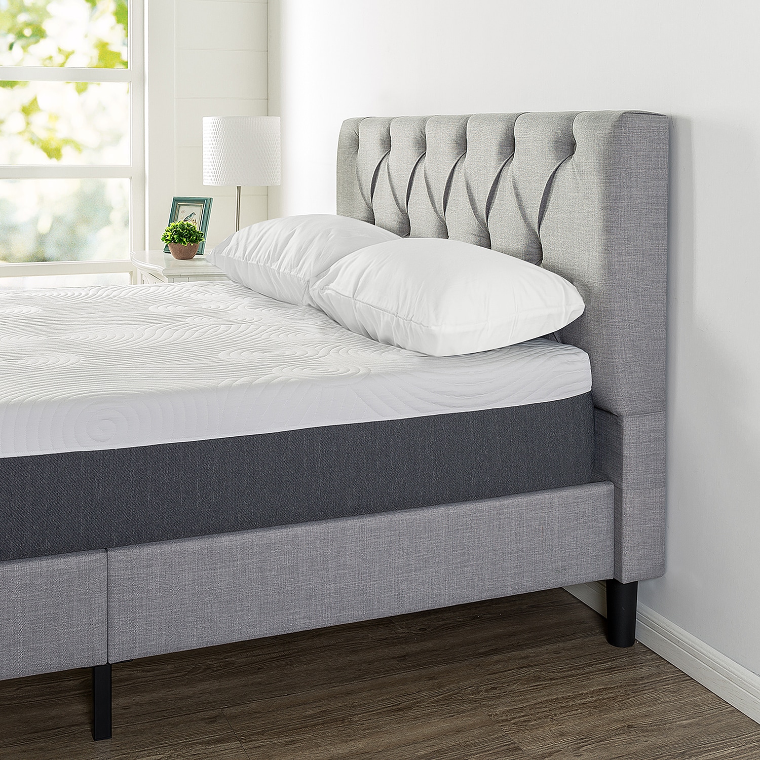 Zinus Classic Upholstered Diamond Tufted Headboard Fabric Bed Frame