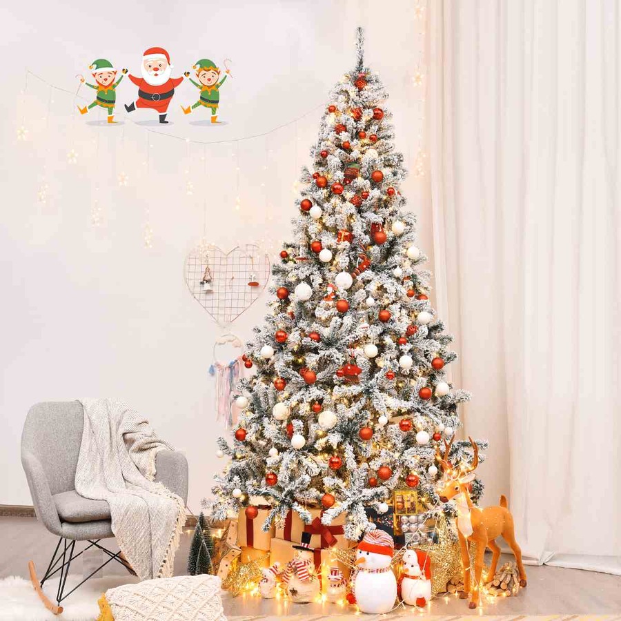 Costway 1.8M/6FT Pre Lit Christmas Tree LED Snowy Xmas Tree Hinged Party Home Decor White Gift