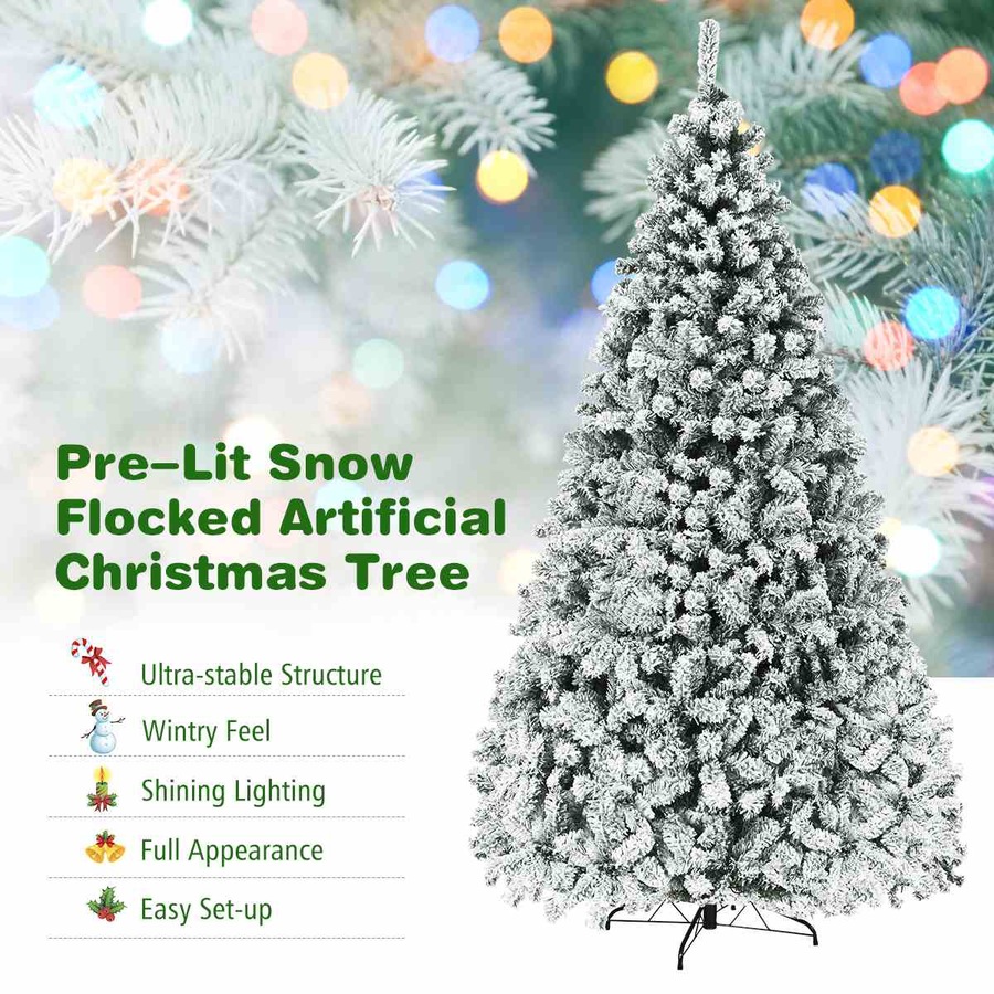 Costway 1.8M/6FT Pre Lit Christmas Tree LED Snowy Xmas Tree Hinged Party Home Decor White Gift