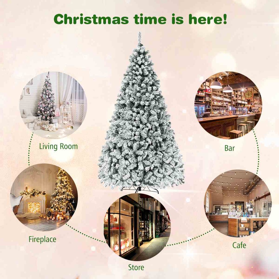 Costway 1.8M/6FT Pre Lit Christmas Tree LED Snowy Xmas Tree Hinged Party Home Decor White Gift