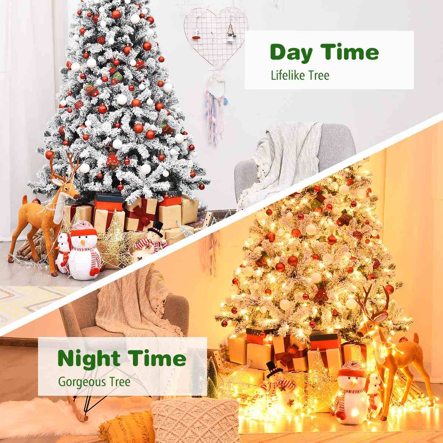 Costway 1.8M/6FT Pre Lit Christmas Tree LED Snowy Xmas Tree Hinged Party Home Decor White Gift