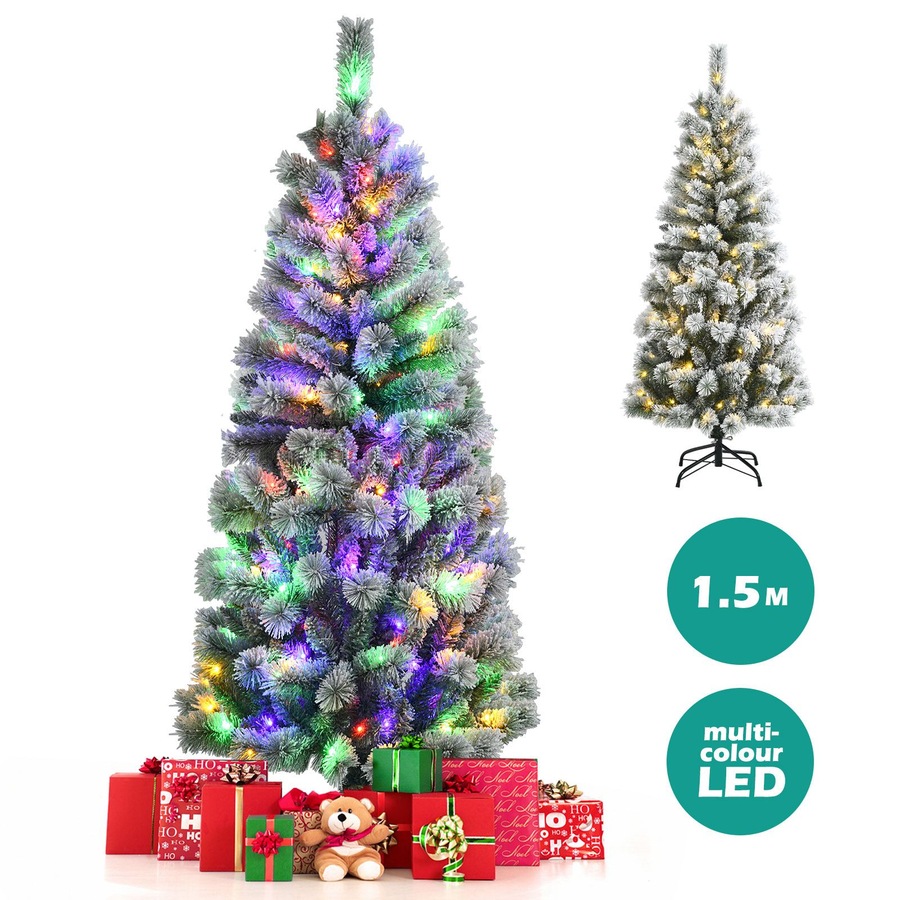 1.8M LED Pre Lit Xmas Snowy Christmas Tree Hinged Mixed Fluffy Tips w/Lights & Remote Control Office Party Home Decor