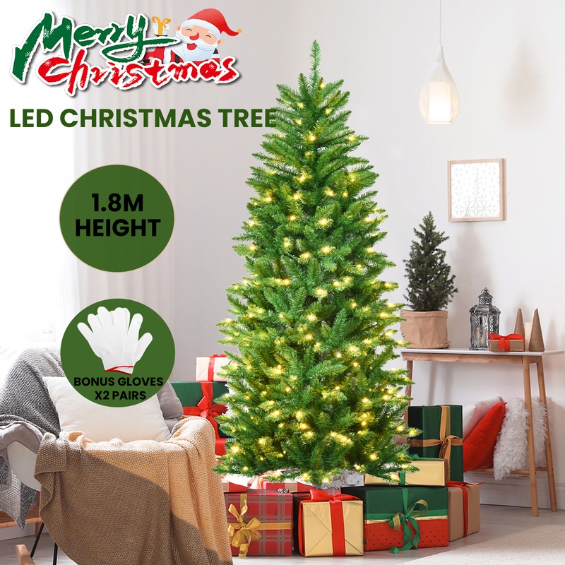 Buy Costway 1.8M Pre Lit Slim Christmas Tree LED Xmas Tree PVC Hinged ...