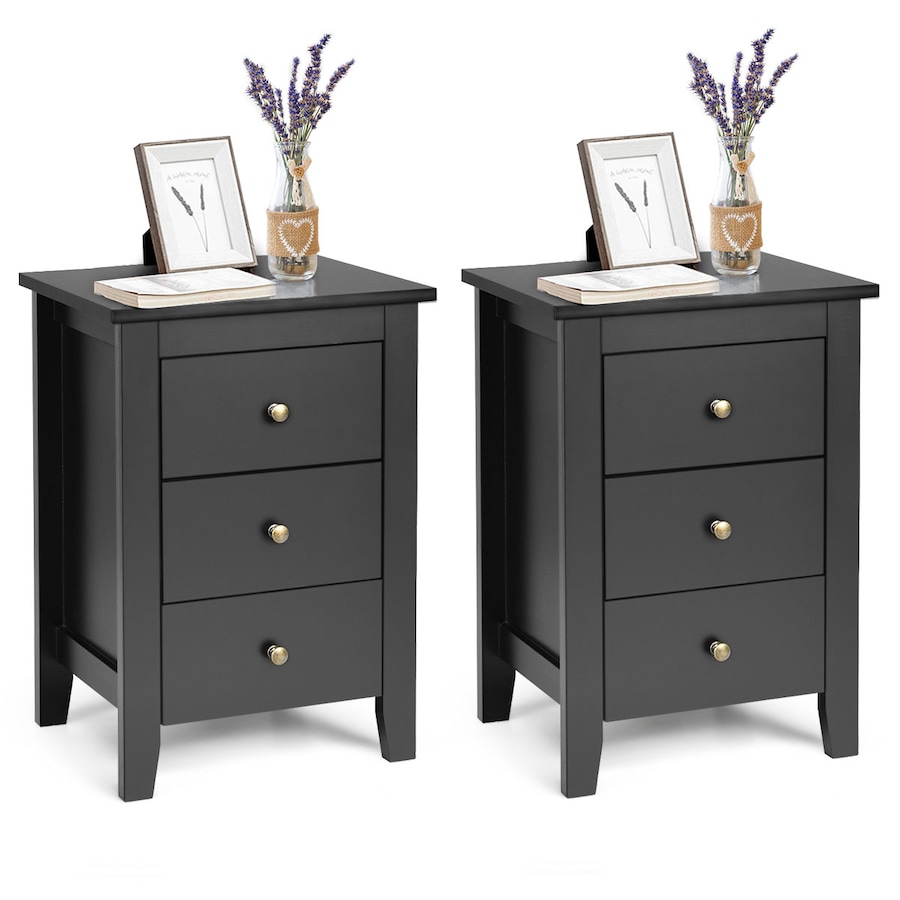 Costway 2x Bedside Tables Wood Side Table Nightstand Storage Cabinet w/3 Drawers Bedroom Living Black