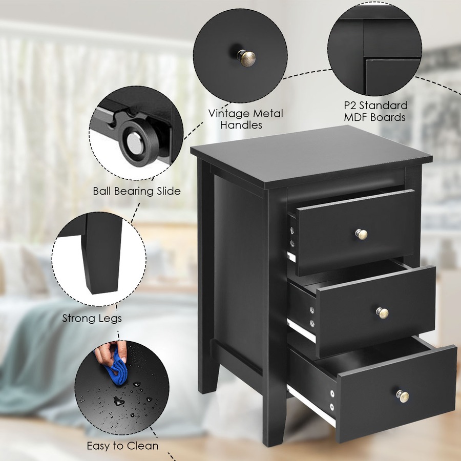 Costway 2x Bedside Tables Wood Side Table Nightstand Storage Cabinet w/3 Drawers Bedroom Living Black