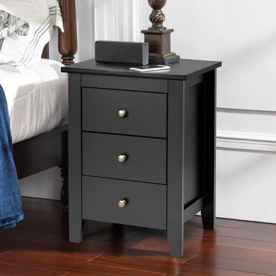 Costway 2x Bedside Tables Wood Side Table Nightstand Storage Cabinet w/3 Drawers Bedroom Living Black