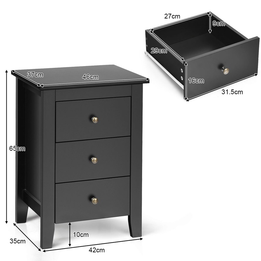 Costway 2x Bedside Tables Wood Side Table Nightstand Storage Cabinet w/3 Drawers Bedroom Living Black