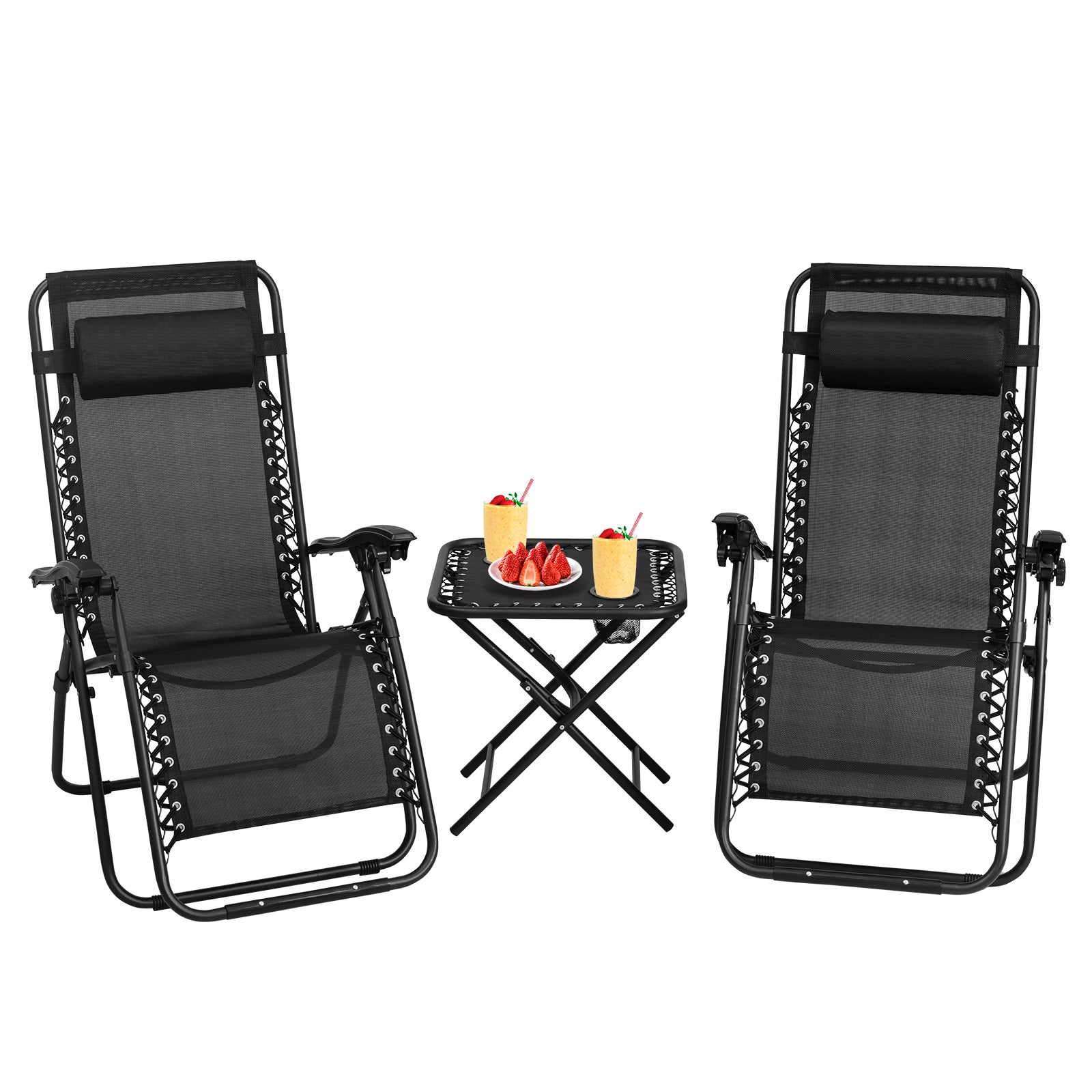 Costway 3PC Outdoor Furniture Textile Table Chairs Set Folding Table Dining Chairs Bistro Patio Garden Balcony Black