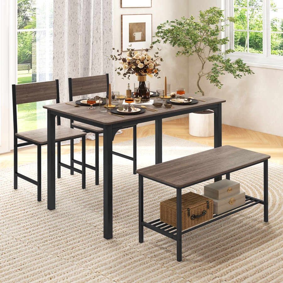 4pcs Retro Dining Set Dining Table and Chairs Set Bench Seat w/Storage Rack Breakfast Kitchen Cafe Home Furniture