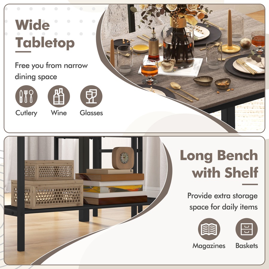 4pcs Retro Dining Set Dining Table and Chairs Set Bench Seat w/Storage Rack Breakfast Kitchen Cafe Home Furniture