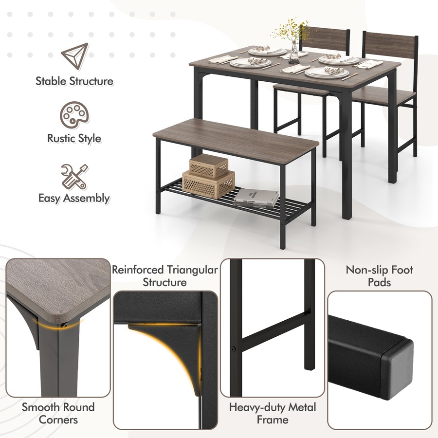 4pcs Retro Dining Set Dining Table and Chairs Set Bench Seat w/Storage Rack Breakfast Kitchen Cafe Home Furniture