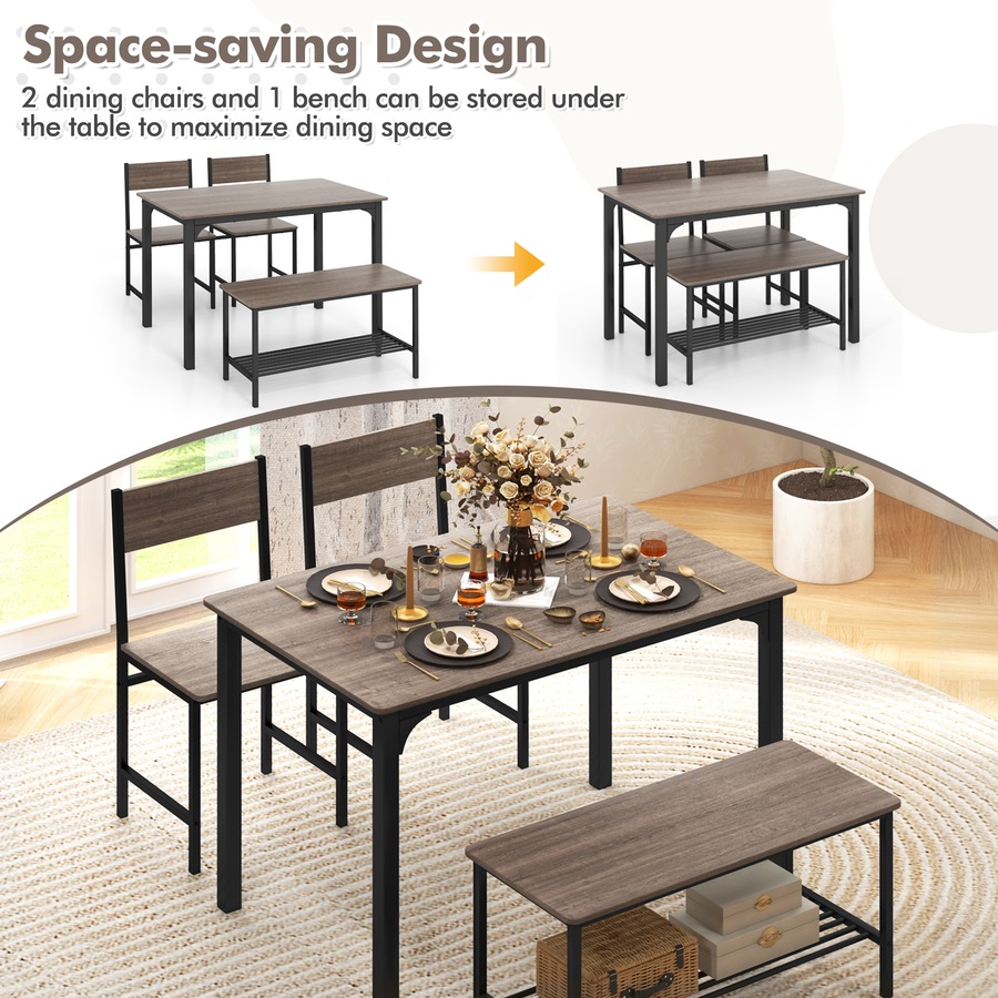 4pcs Retro Dining Set Dining Table and Chairs Set Bench Seat w/Storage Rack Breakfast Kitchen Cafe Home Furniture