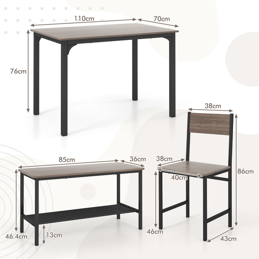 4pcs Retro Dining Set Dining Table and Chairs Set Bench Seat w/Storage Rack Breakfast Kitchen Cafe Home Furniture